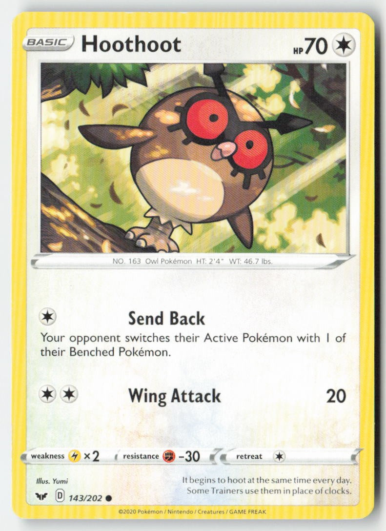 Hoothoot 143/202 Regular Sword & Shield Moderately Played, Front