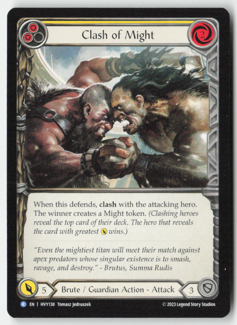 Clash of Might (Yellow) #HVY138 - Heavy Hitters - Flesh and Blood - Rare - Near Mint, Front