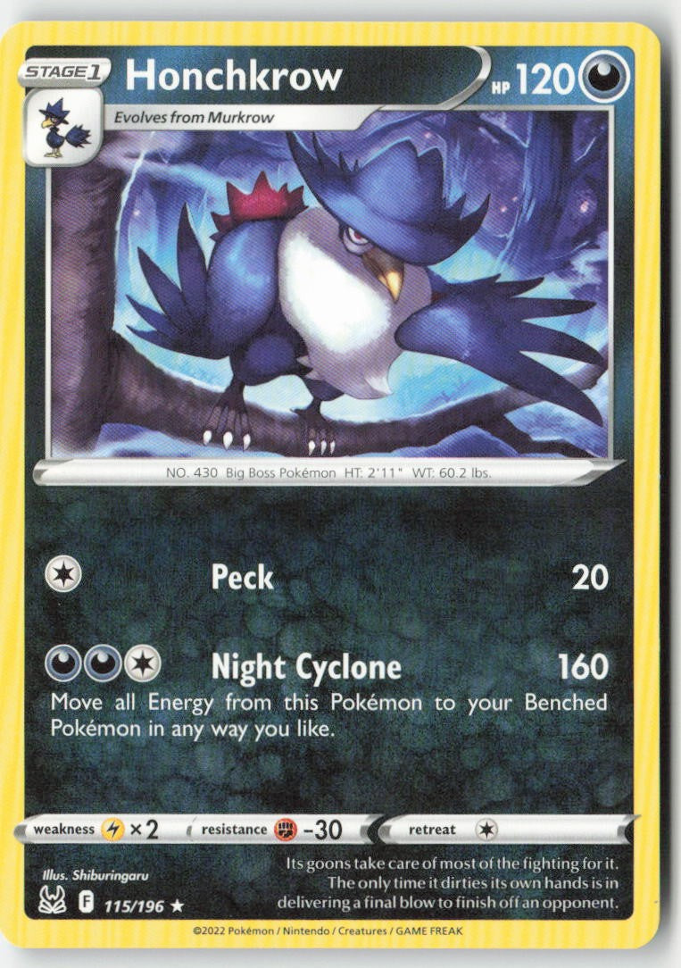 Honchkrow 115/196 Regular Lost Origin Moderately Played, Front