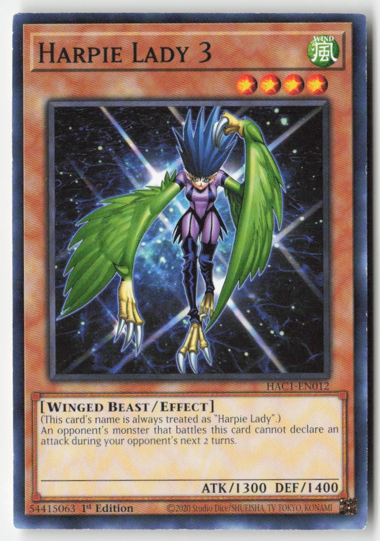 Harpie Lady 3 HAC1-EN012 1st Edition Common Moderately Played, Front