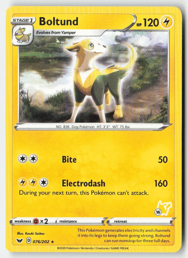 Boltund (#16 Pikachu Stamped) 076/202 Regular Battle Academy 2022 Moderately Played, Front