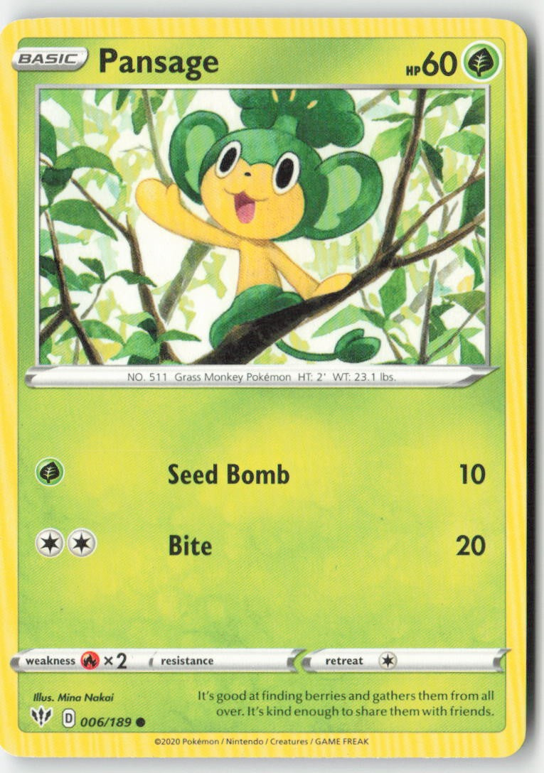 Pansage 6/189 Regular Darkness Ablaze Moderately Played, Front