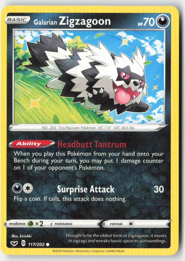 Galarian Zigzagoon 117/202 Regular Sword & Shield Moderately Played, Front
