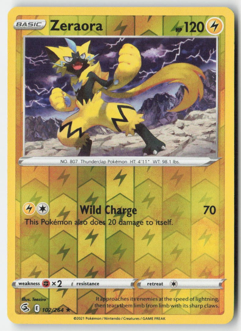 Zeraora 102/264 Reverse Holo Fusion Strike Moderately Played, Front