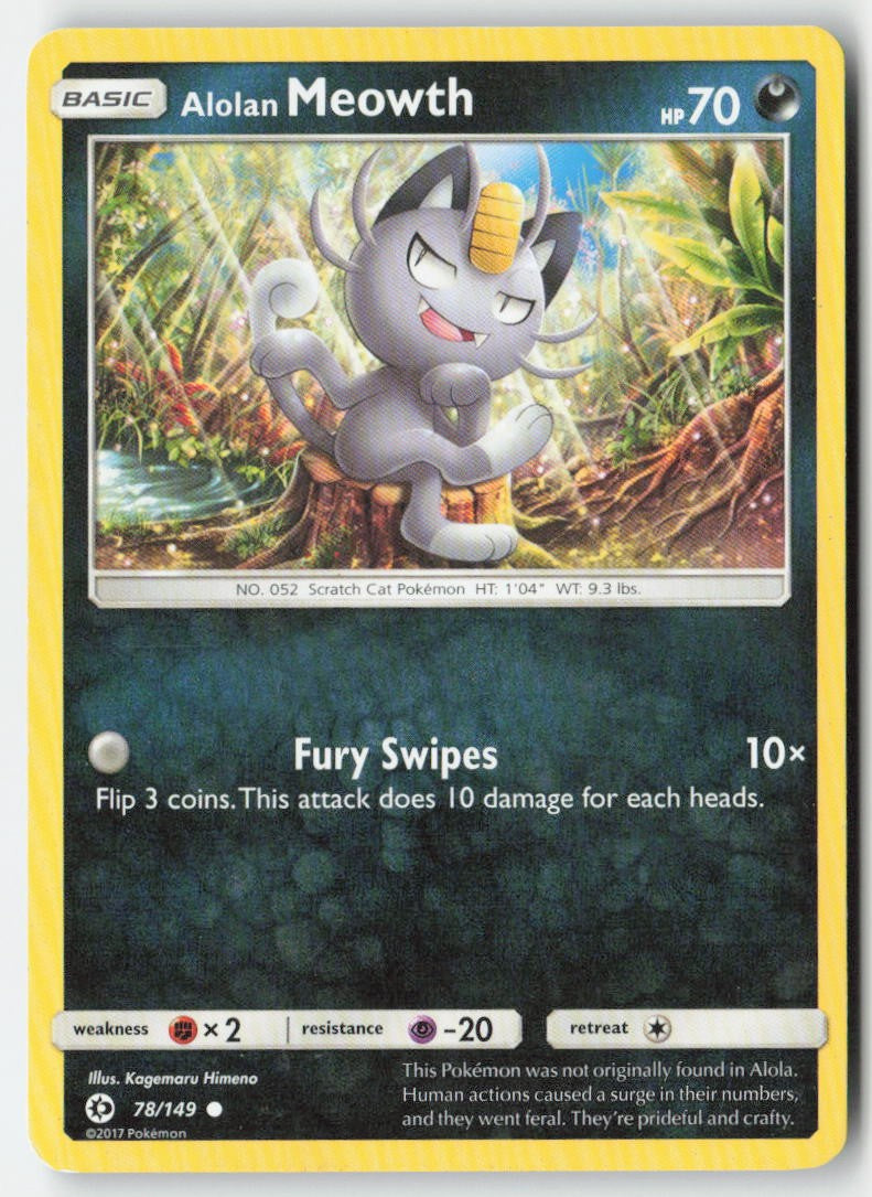 Alolan Meowth 78/149 Regular Sun & Moon Moderately Played, Front