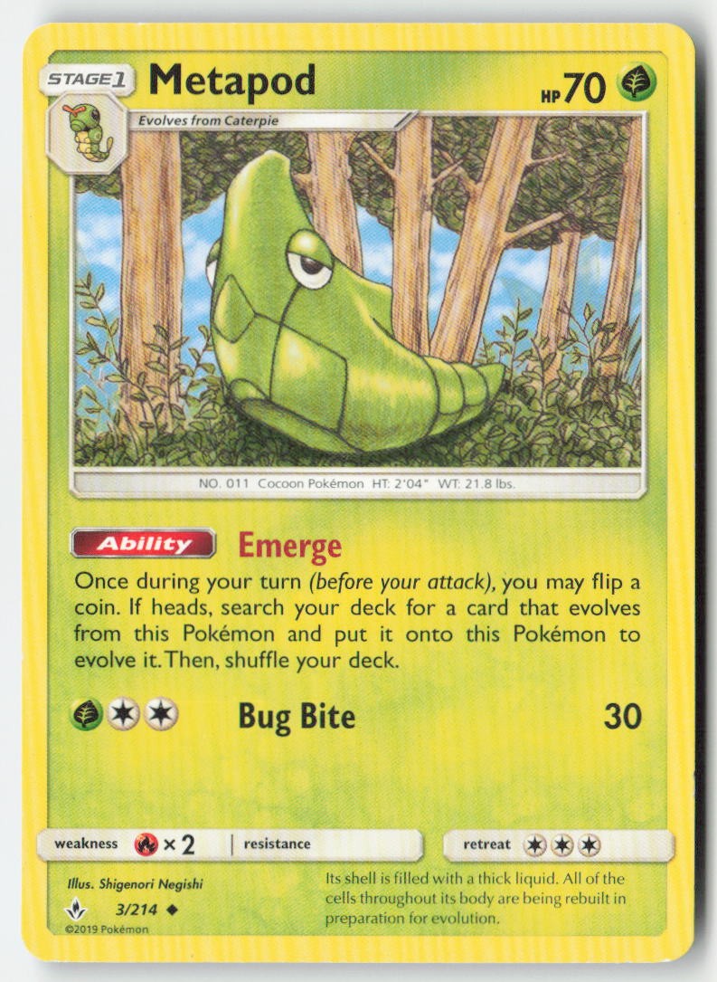 Metapod 3/214 Regular Unbroken Bonds Moderately Played, Front