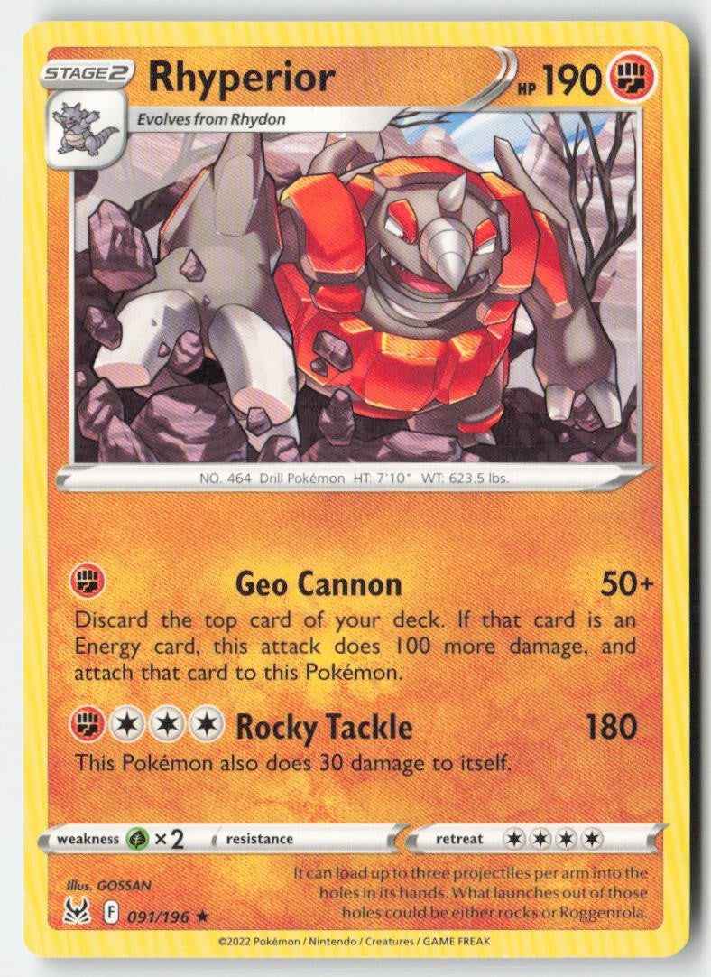 Rhyperior 091/196 Regular Lost Origin Moderately Played, Front