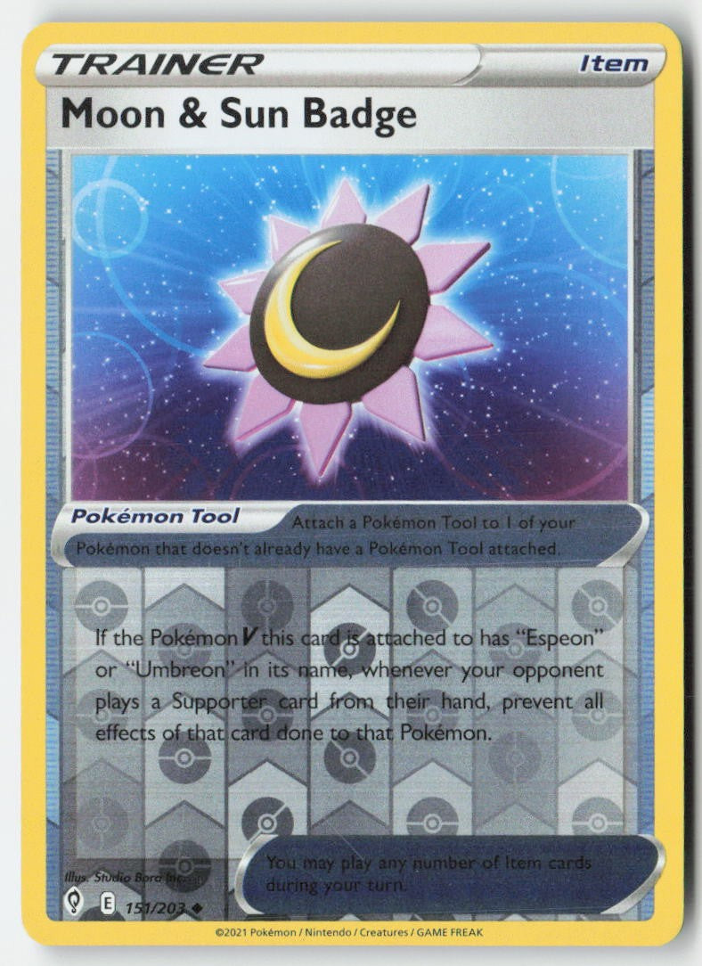 Moon & Sun Badge 151/203 Reverse Holo Evolving Skies Moderately Played, Front