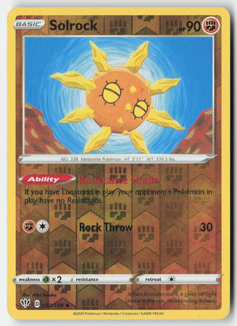 Solrock 92/189 Reverse Holo Darkness Ablaze Moderately Played