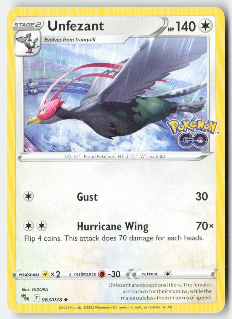Unfezant 063/78 Regular Pokémon GO Moderately Played, Front