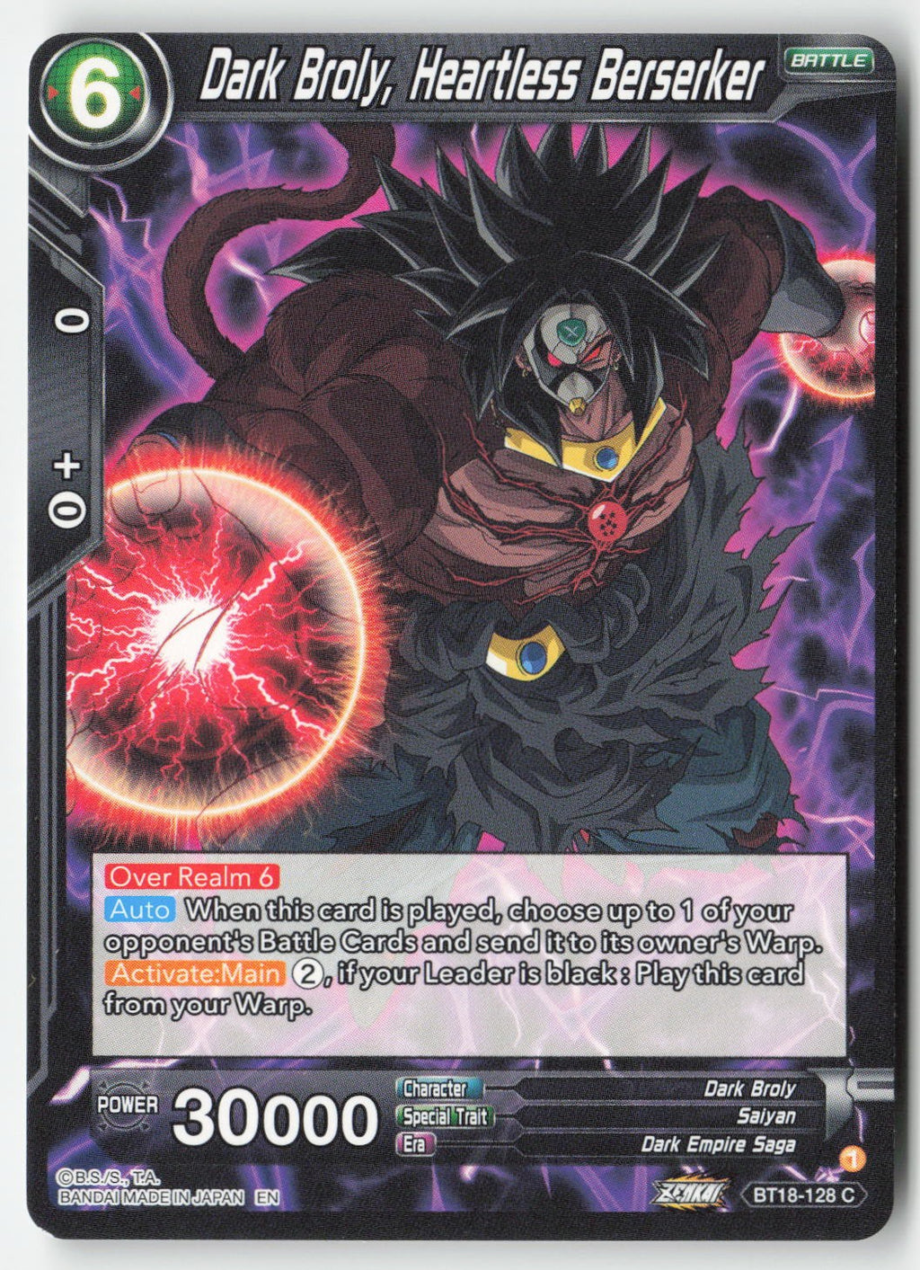 Dark Broly, Heartless Berserker BT18-128 Normal Common Lightly Played