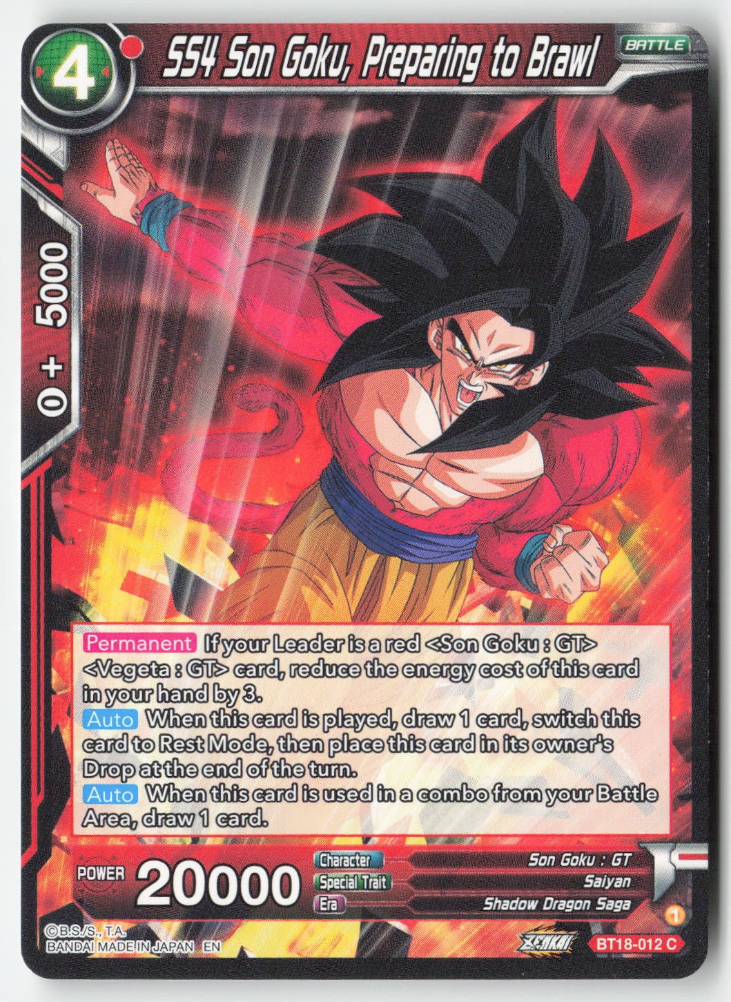 SS4 Son Goku, Preparing to Brawl BT18-012 Normal Common Lightly Played, Front