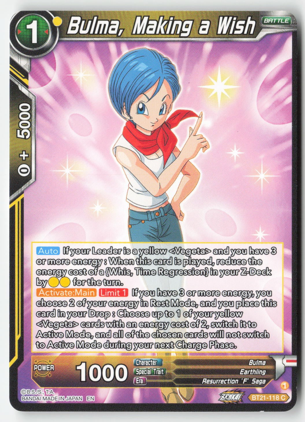 Bulma, Making a Wish BT21-118 Normal Common Lightly Played, Front