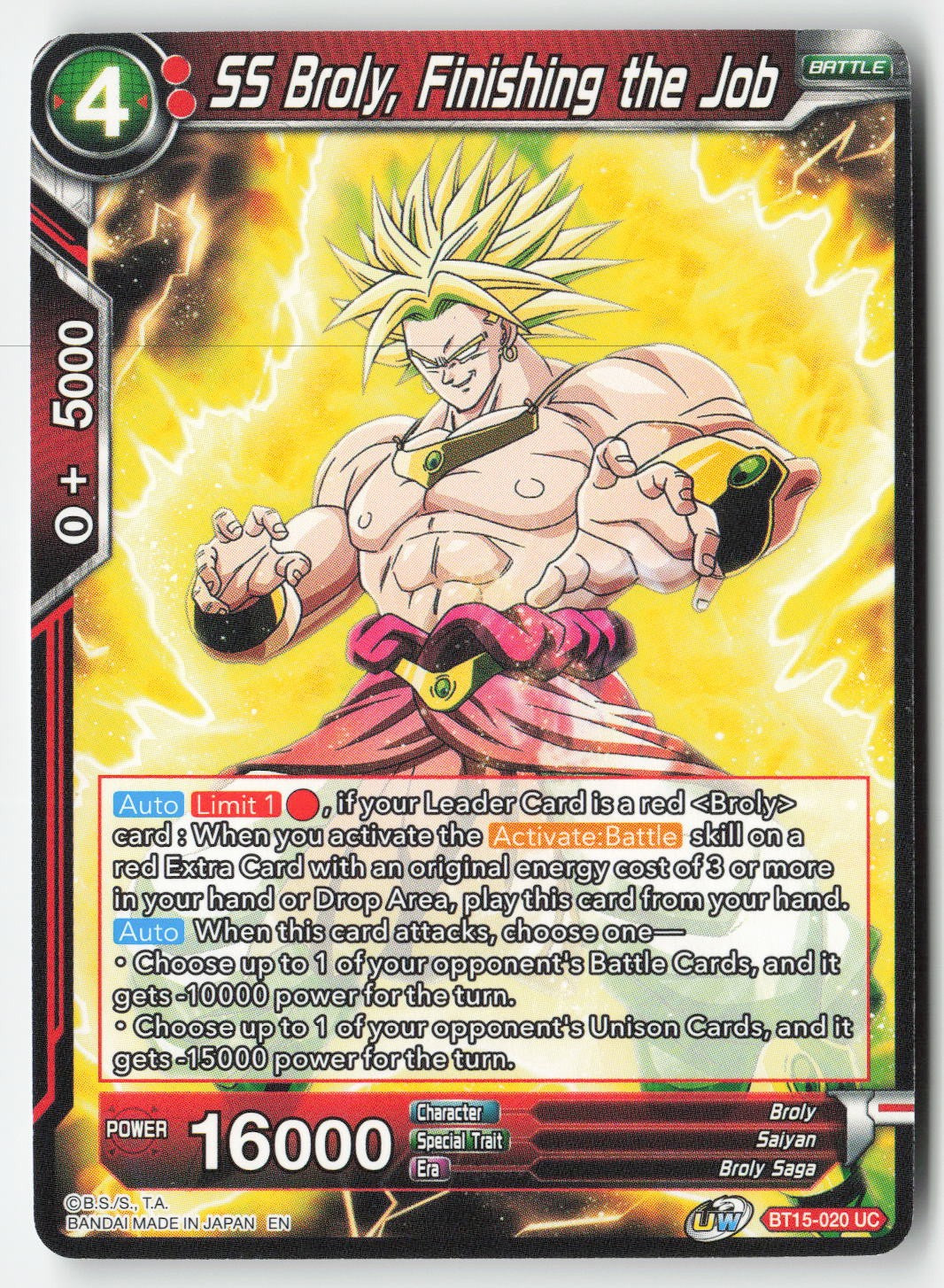 SS Broly, Finishing the Job BT15-020 Normal Uncommon Lightly Played, Front