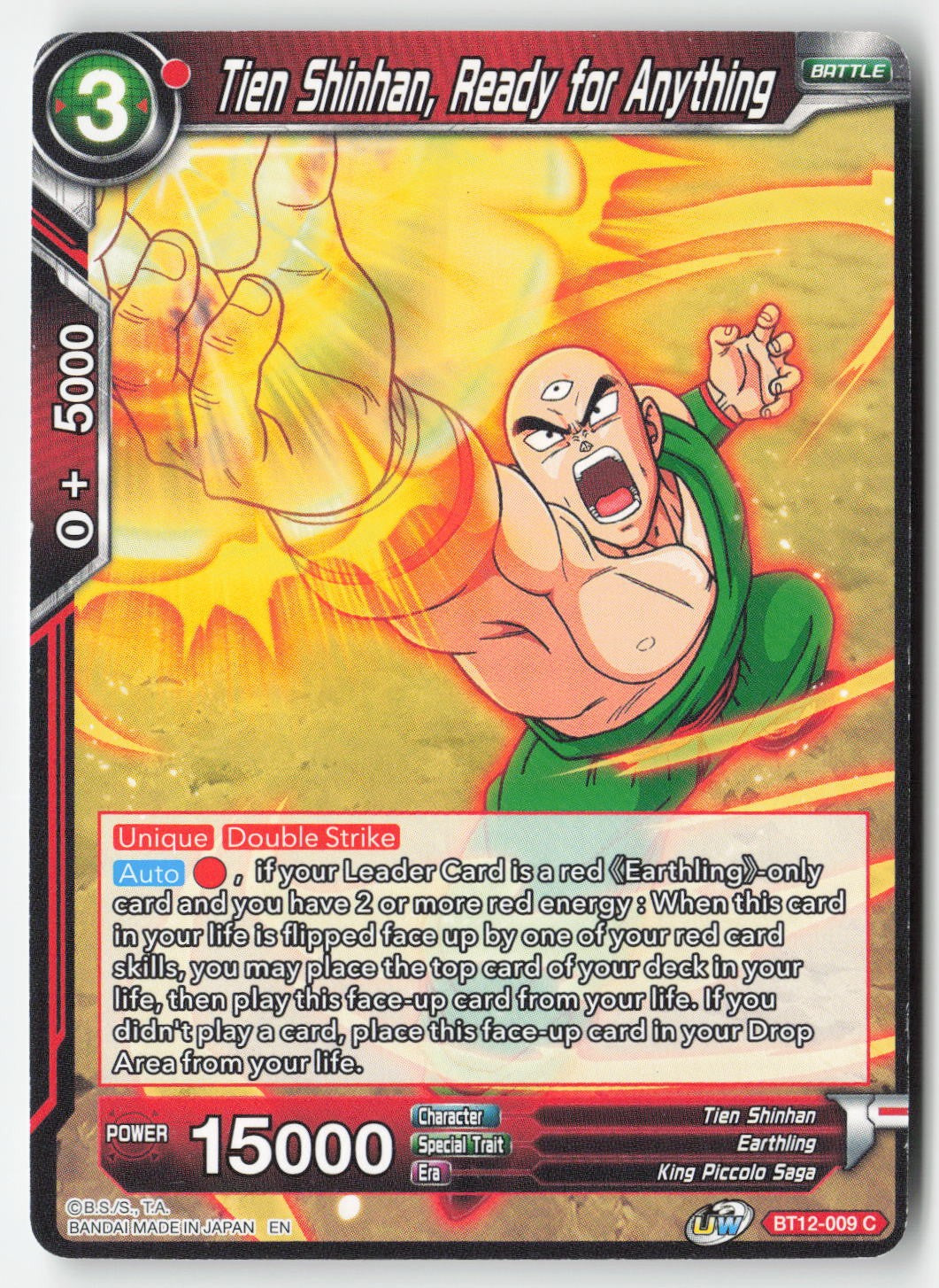 Tien Shinhan, Ready for Anything BT12-009 Normal Common Lightly Played, Front