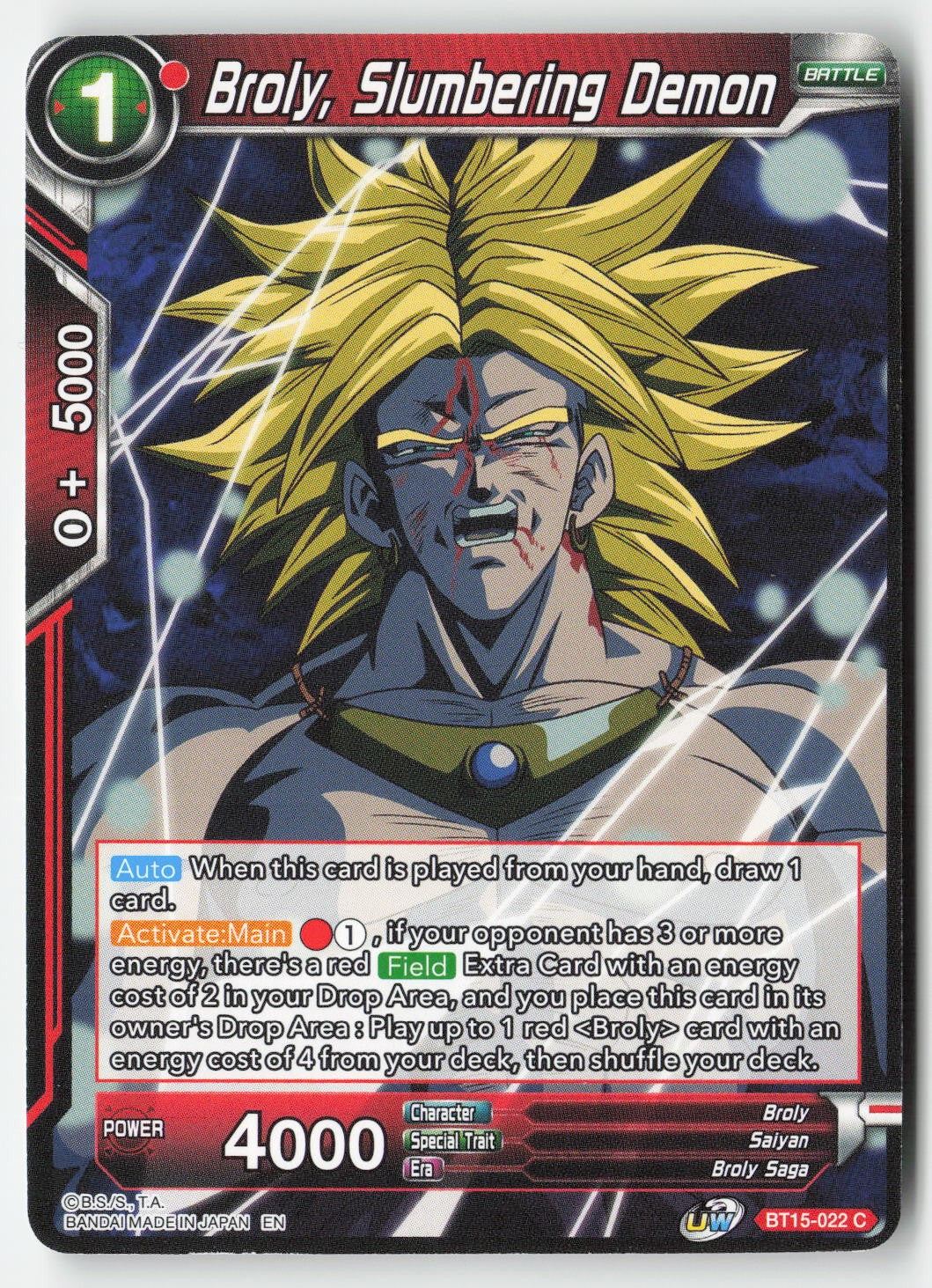 Broly, Slumbering Demon BT15-022 Normal Common Lightly Played, Front