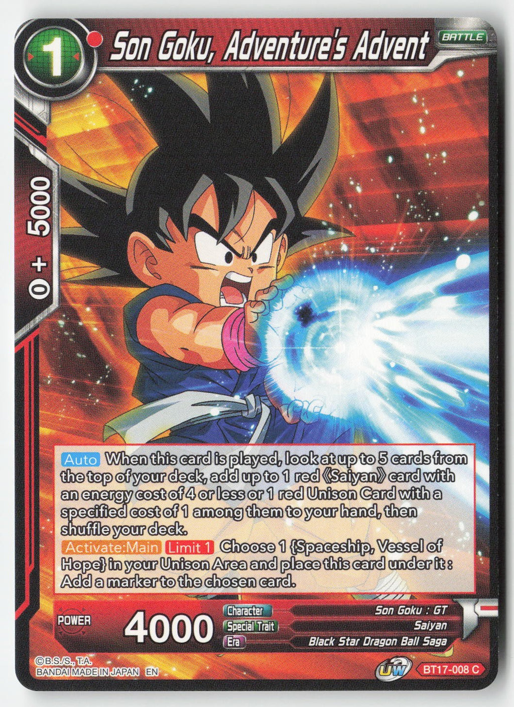 Son Goku, Adventure's Advent BT17-008 Normal Common Lightly Played