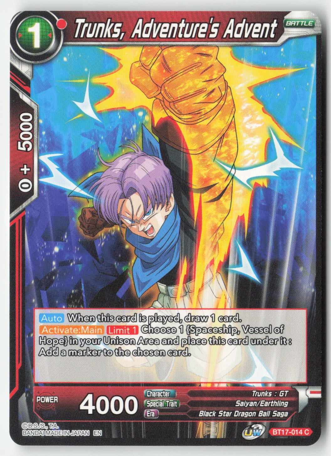 Trunks, Adventure's Advent BT17-014 Normal Common Lightly Played, Front