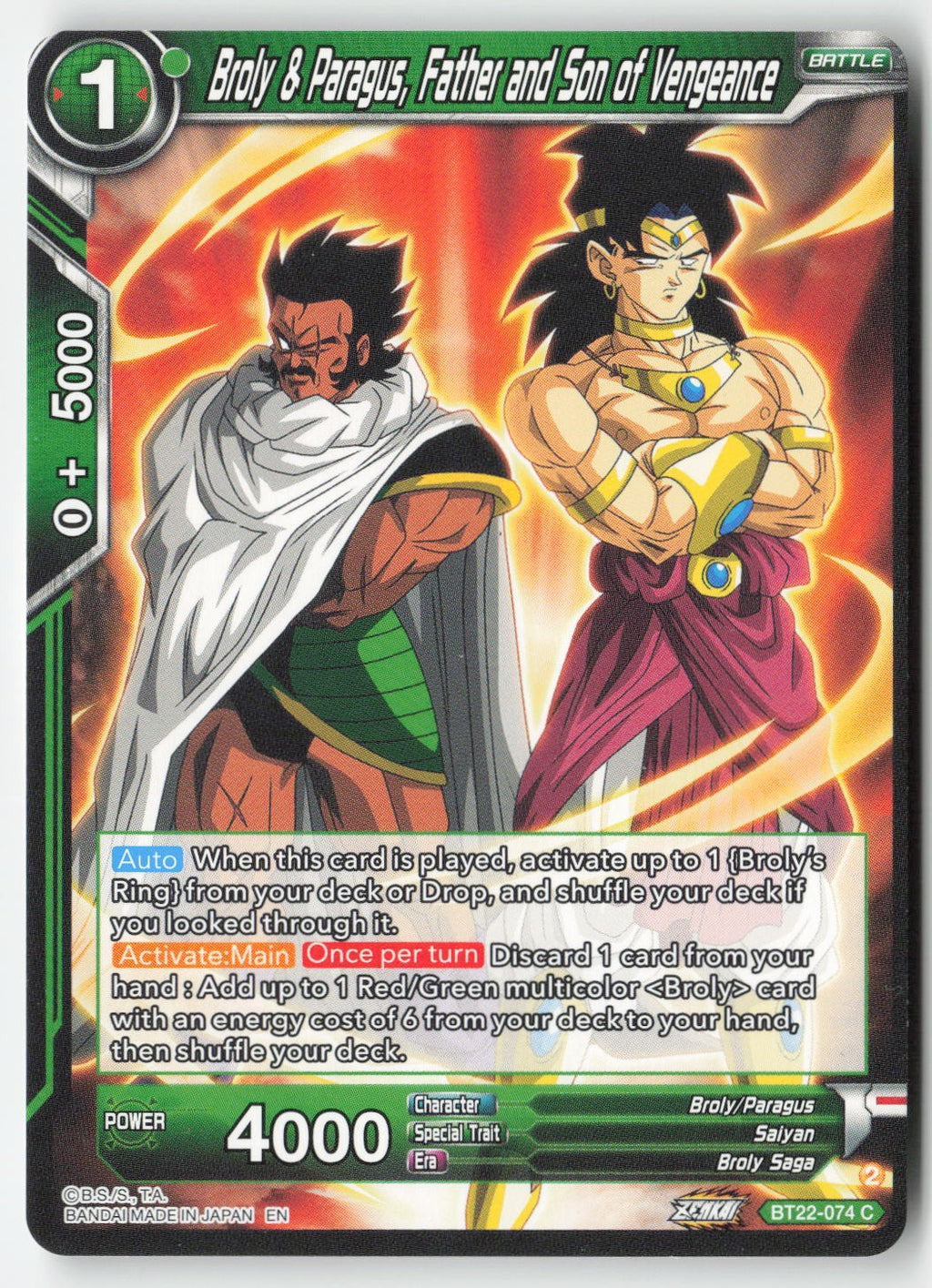 Broly & Paragus, Father and Son of Vengeance BT22-074 Normal Common Lightly Played