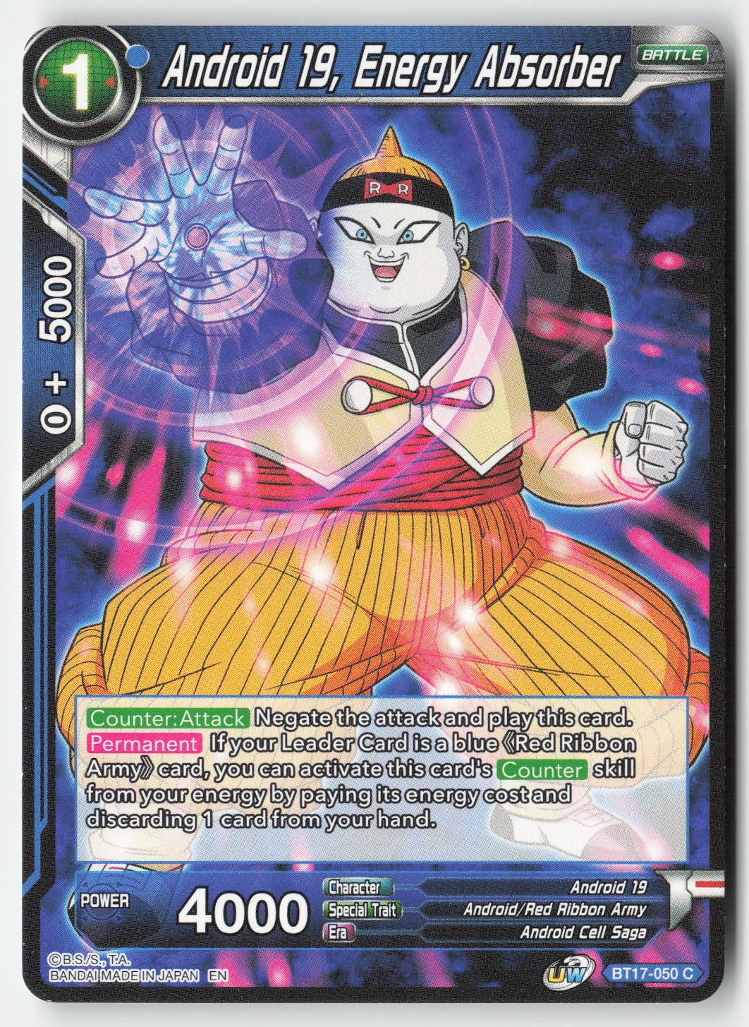 Android 19, Energy Absorber BT17-050 Normal Common Lightly Played, Front