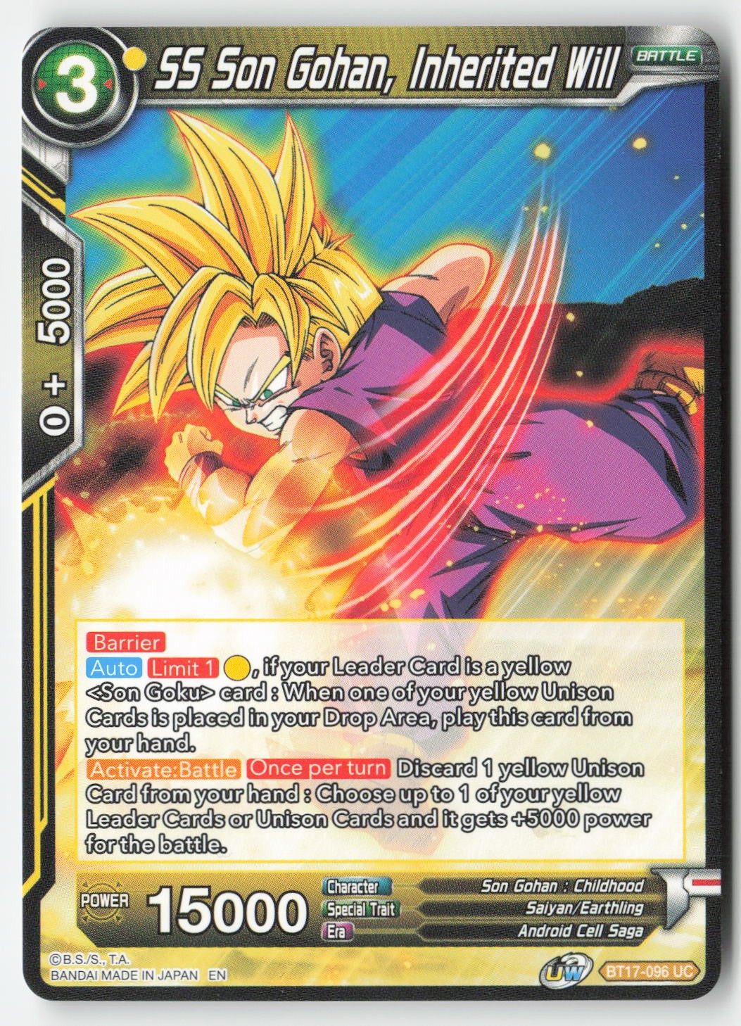 SS Son Gohan, Inherited Will BT17-096 Normal Uncommon Lightly Played, Front