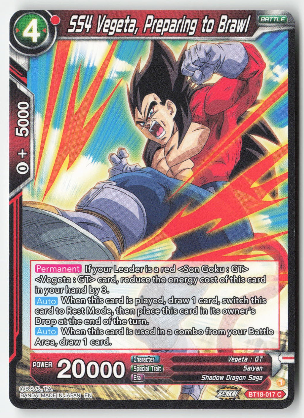 SS4 Vegeta, Preparing to Brawl BT18-017 Normal Common Lightly Played