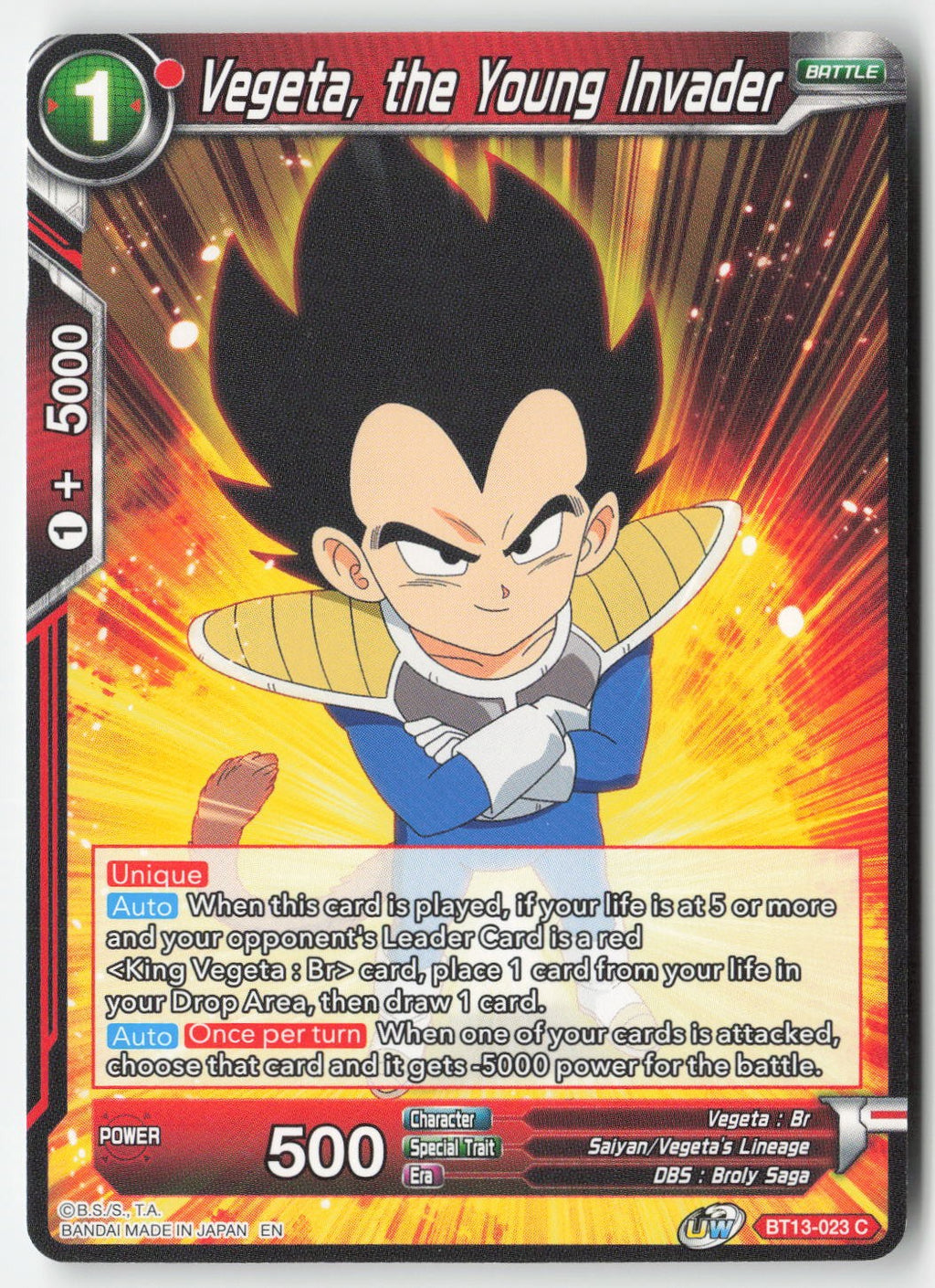 Vegeta, the Young Invader BT13-023 Normal Common Lightly Played
